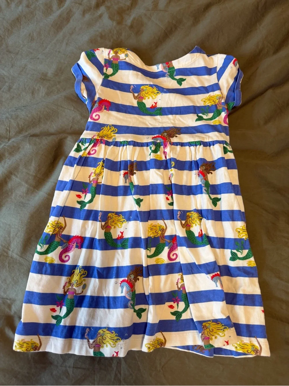 Mini Boden Blue & White Striped Mermaid Print Dress 4-5 Y
